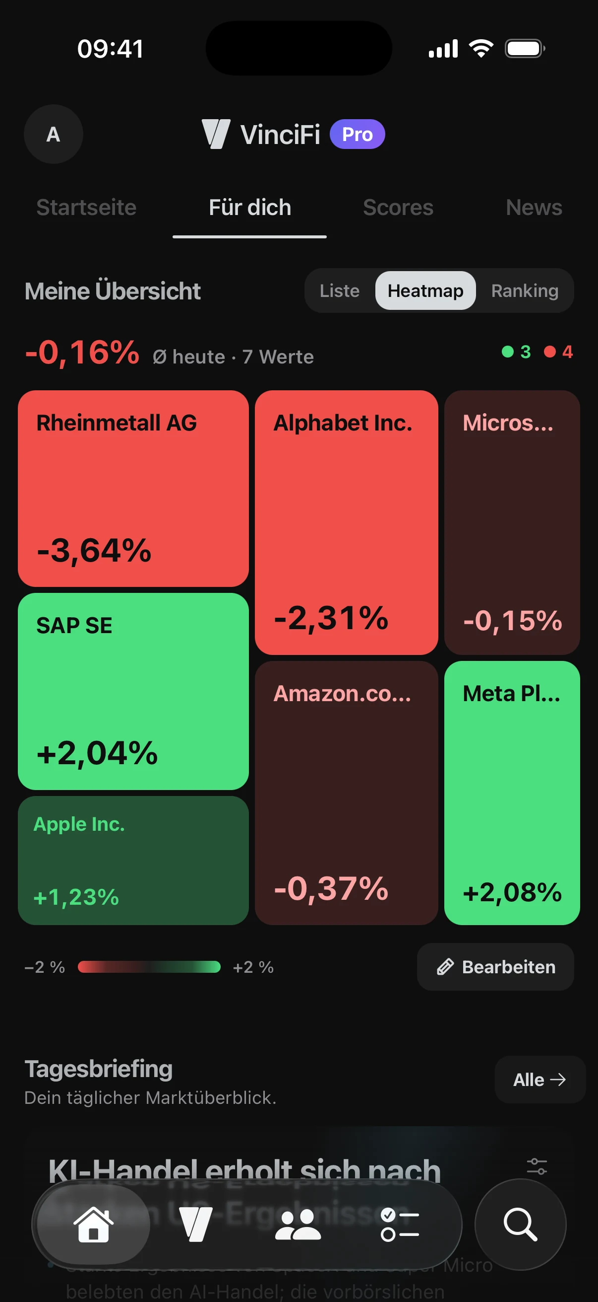 Der „Für dich“-Tab mit „Meine Übersicht“ als Heatmap und dem Tagesbriefing darunter