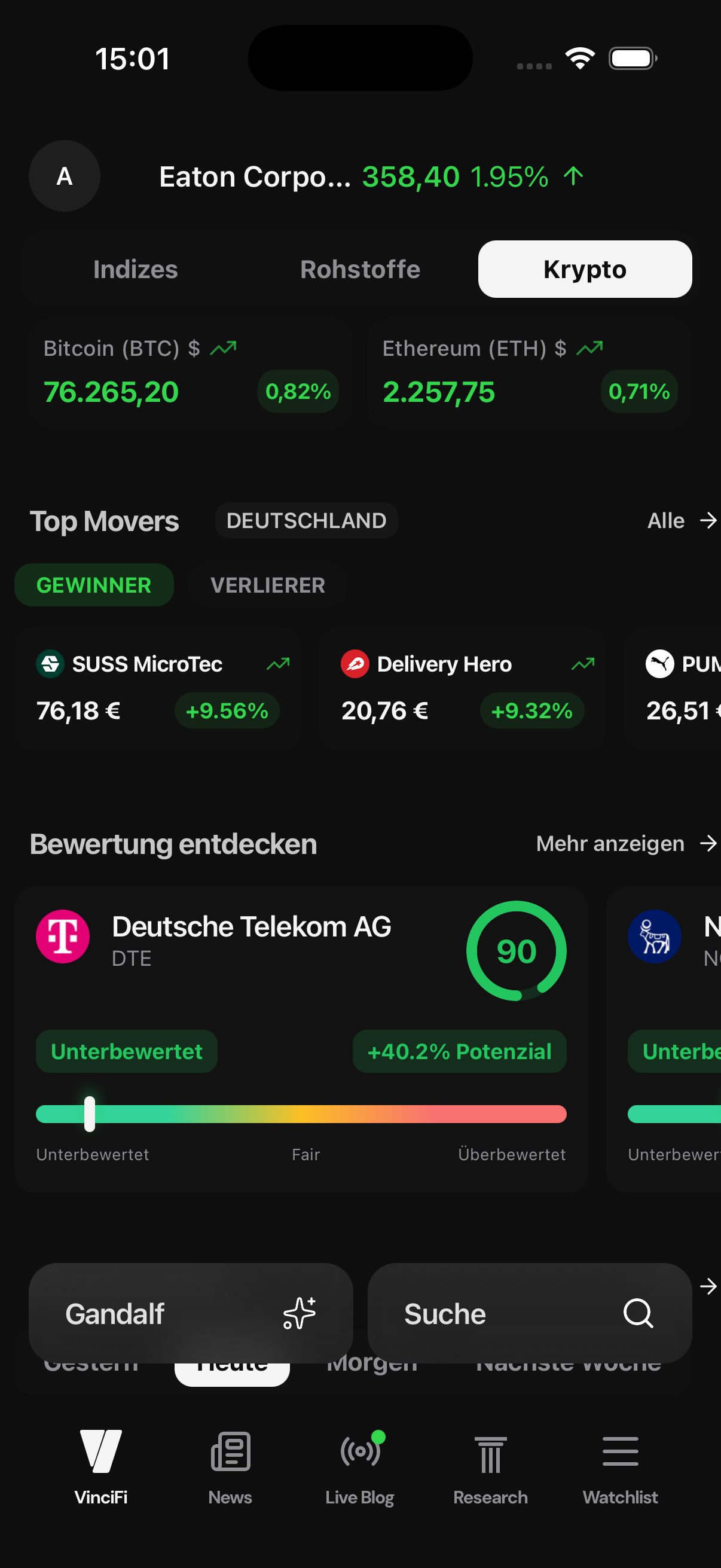 VinciFi App showing portfolio dashboard with stocks and market analysis