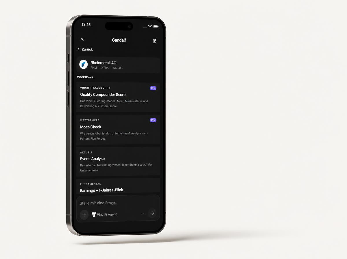 Die VinciFi App auf einem iPhone mit den Gandalf-Workflows zu Rheinmetall AG