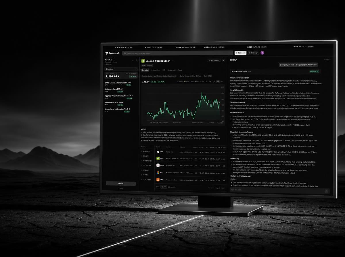 VinciFi Command auf einem Desktop-Monitor mit Watchlist, NVIDIA-Analyse und GANDALF-Panel