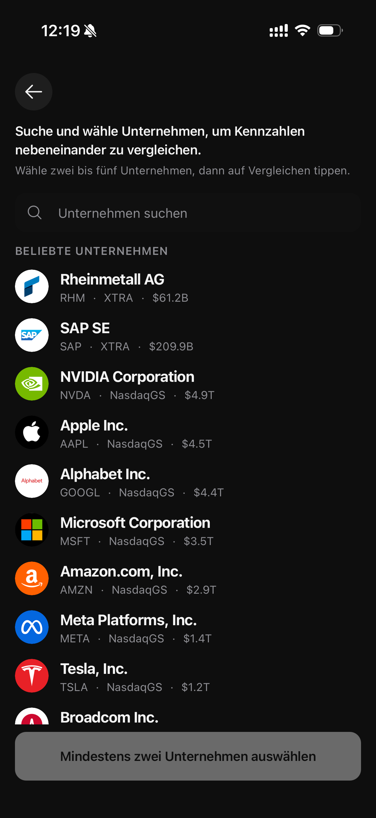 Auswahl der Unternehmen für den Vergleich