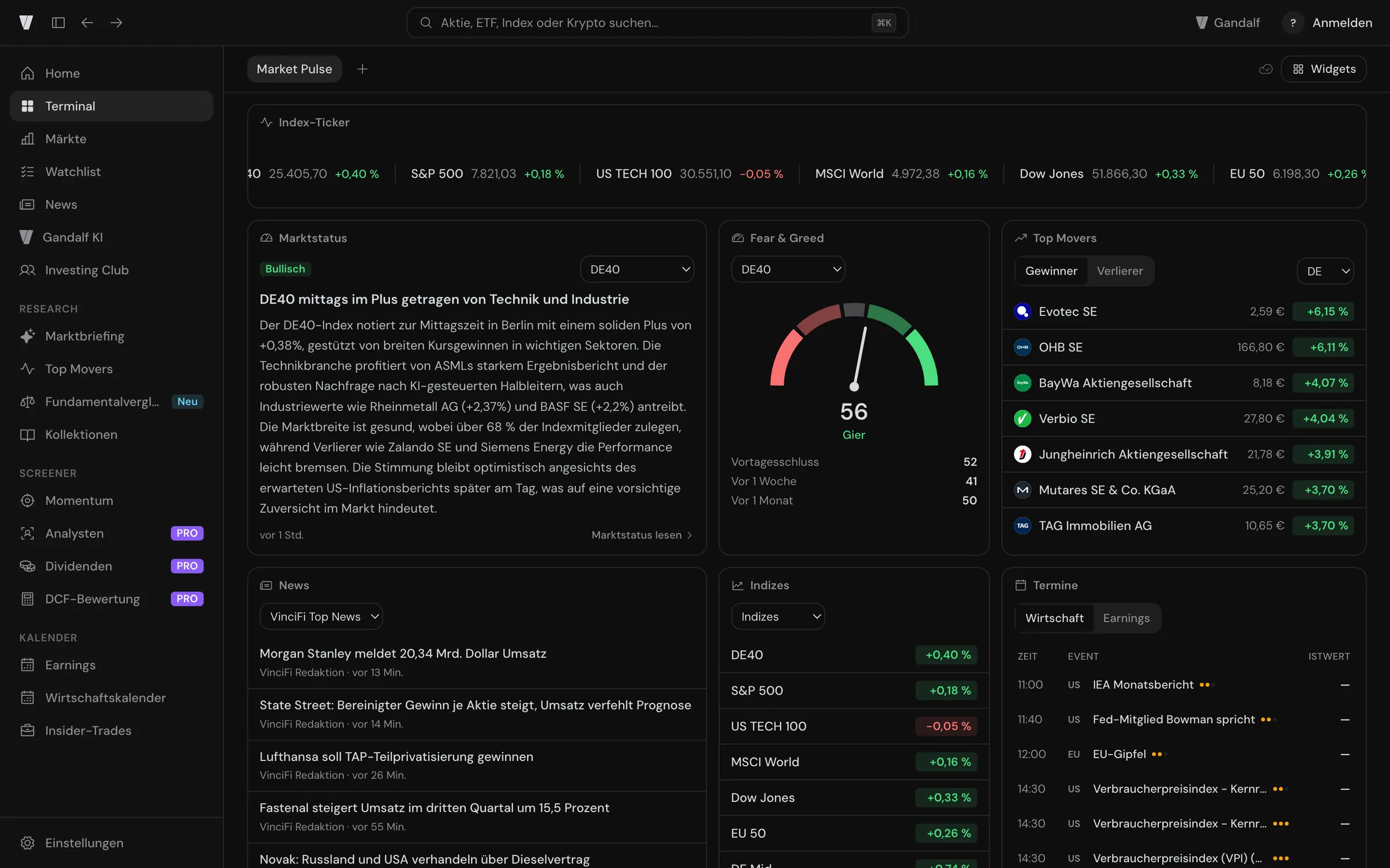 Das Terminal mit eigenem Dashboard: Marktstatus, Fear & Greed, Top Movers, News, Indizes und Termine