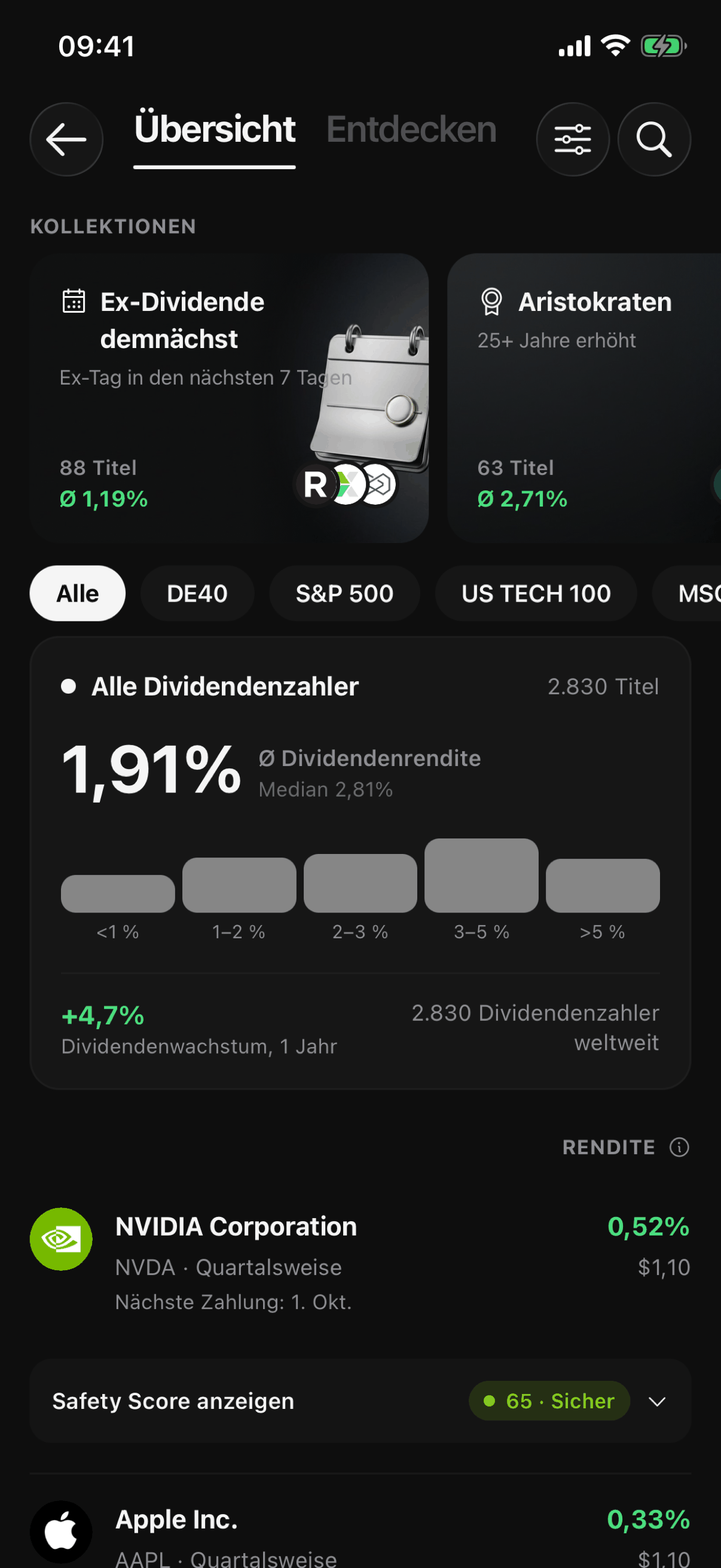 Die Dividenden-Übersicht mit Durchschnittsrendite und Safety Score