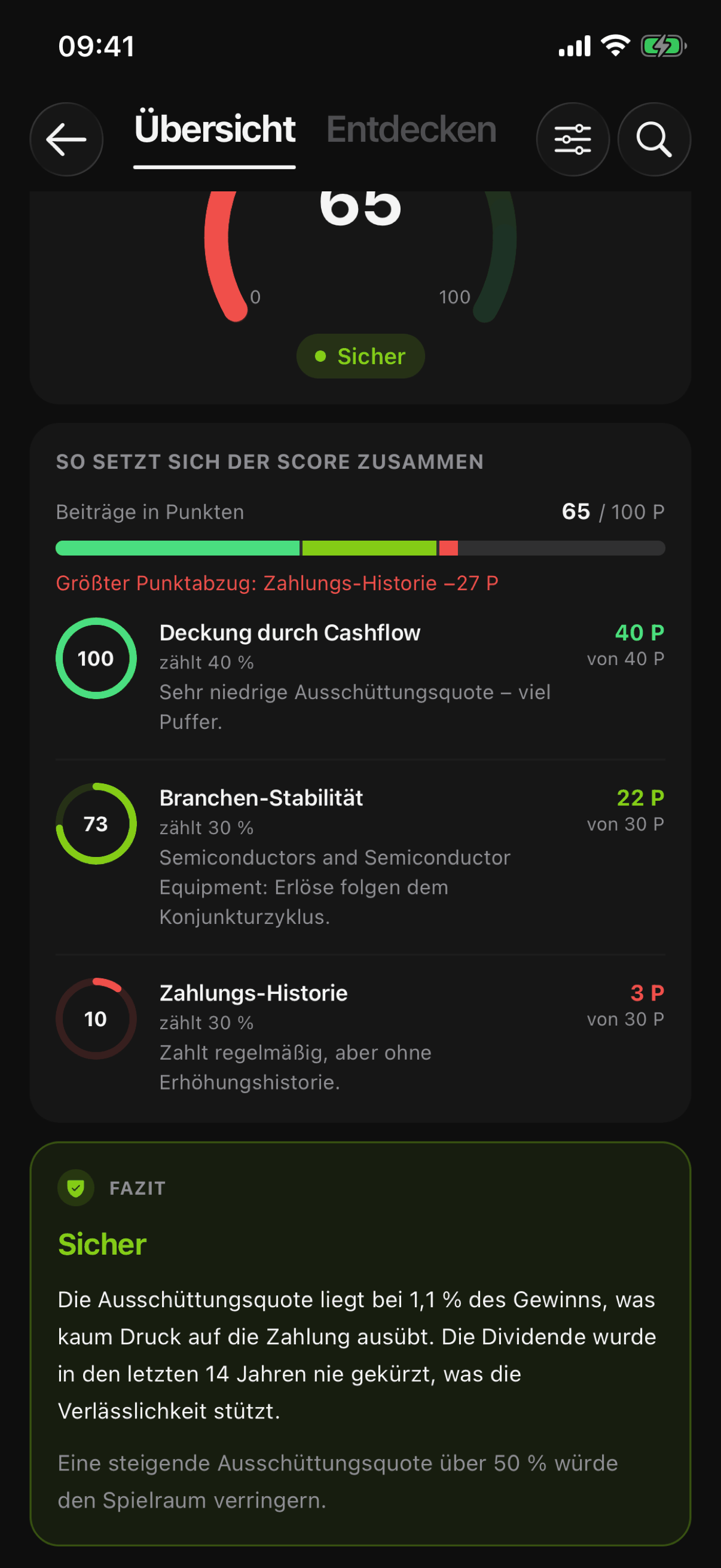 Der Safety Score mit seinen drei gewichteten Teilscores und dem Fazit
