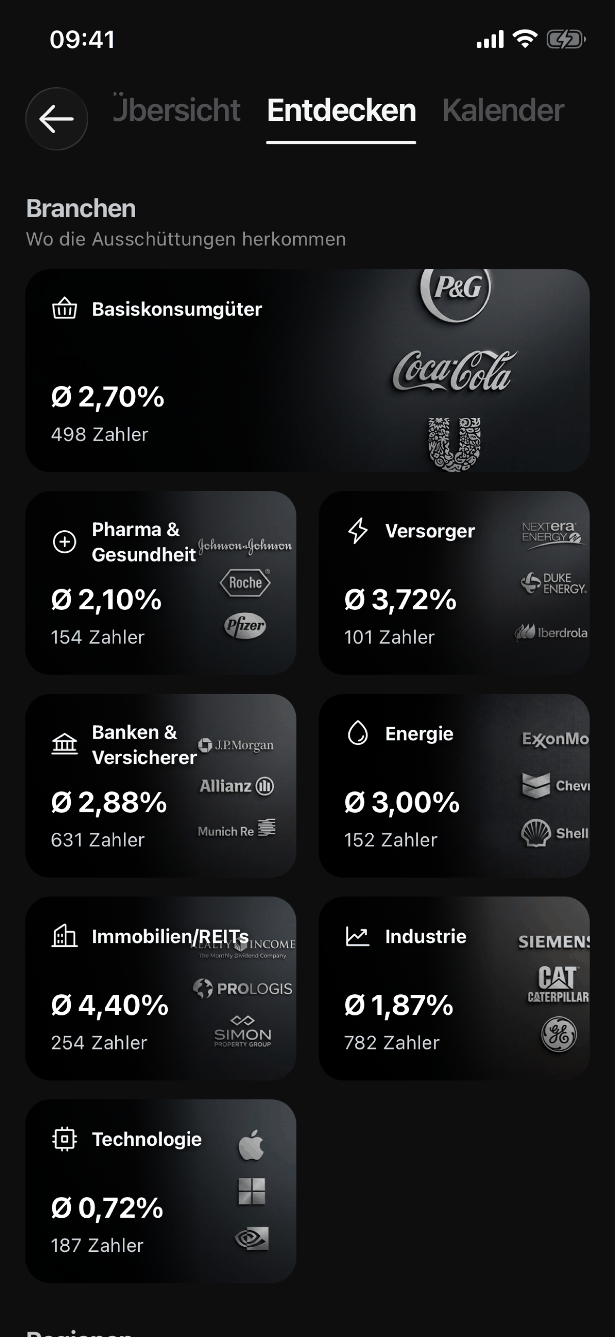 Dividendenzahler nach Branche mit Durchschnittsrendite in der VinciFi-App