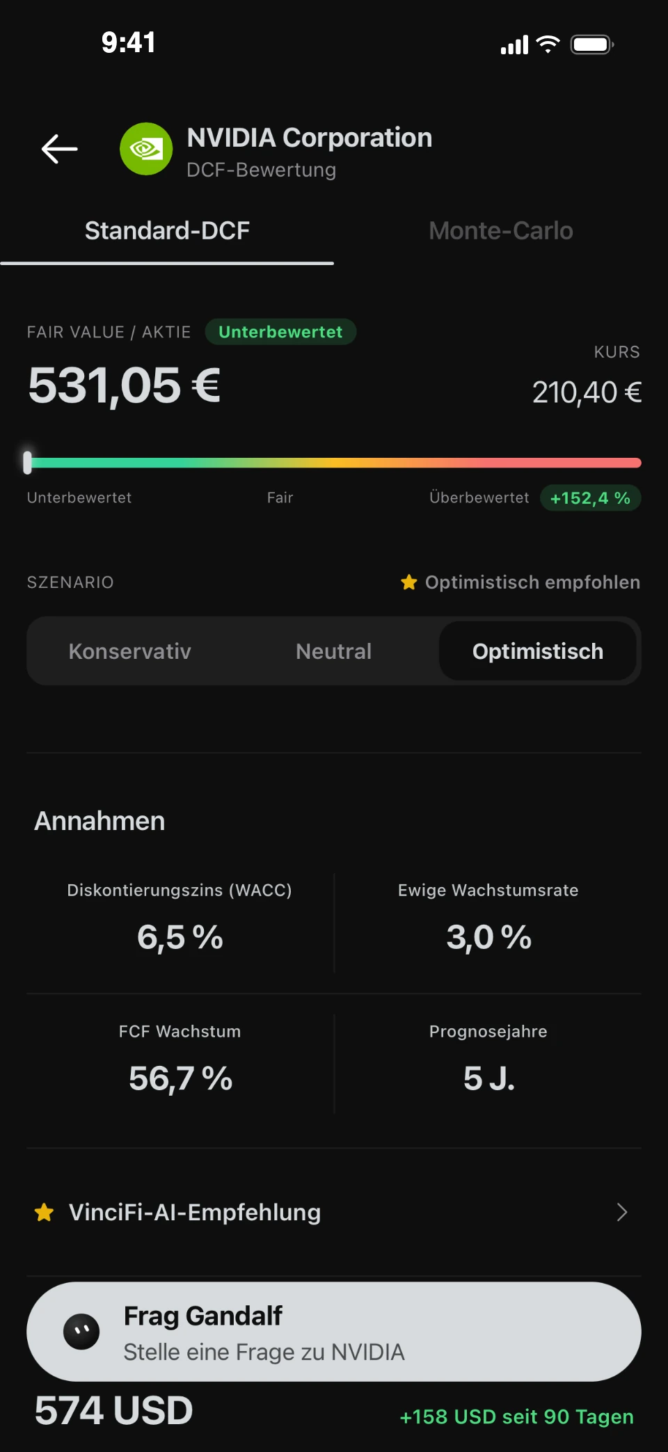 VinciFi Fair-Value-Analyse - NVIDIA unterbewertet mit einem DCF-Wert von 531,05 € bei einem Kurs von 210,40 €, powered by S&P Global