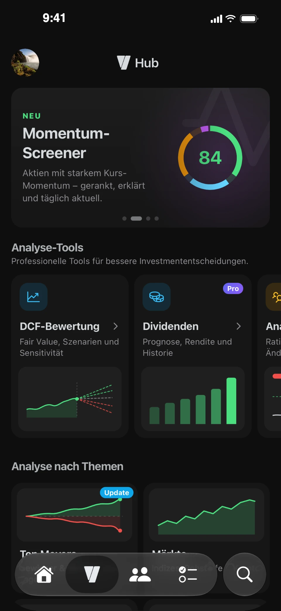 Der Hub mit Momentum Screener und weiteren Analyse-Tools