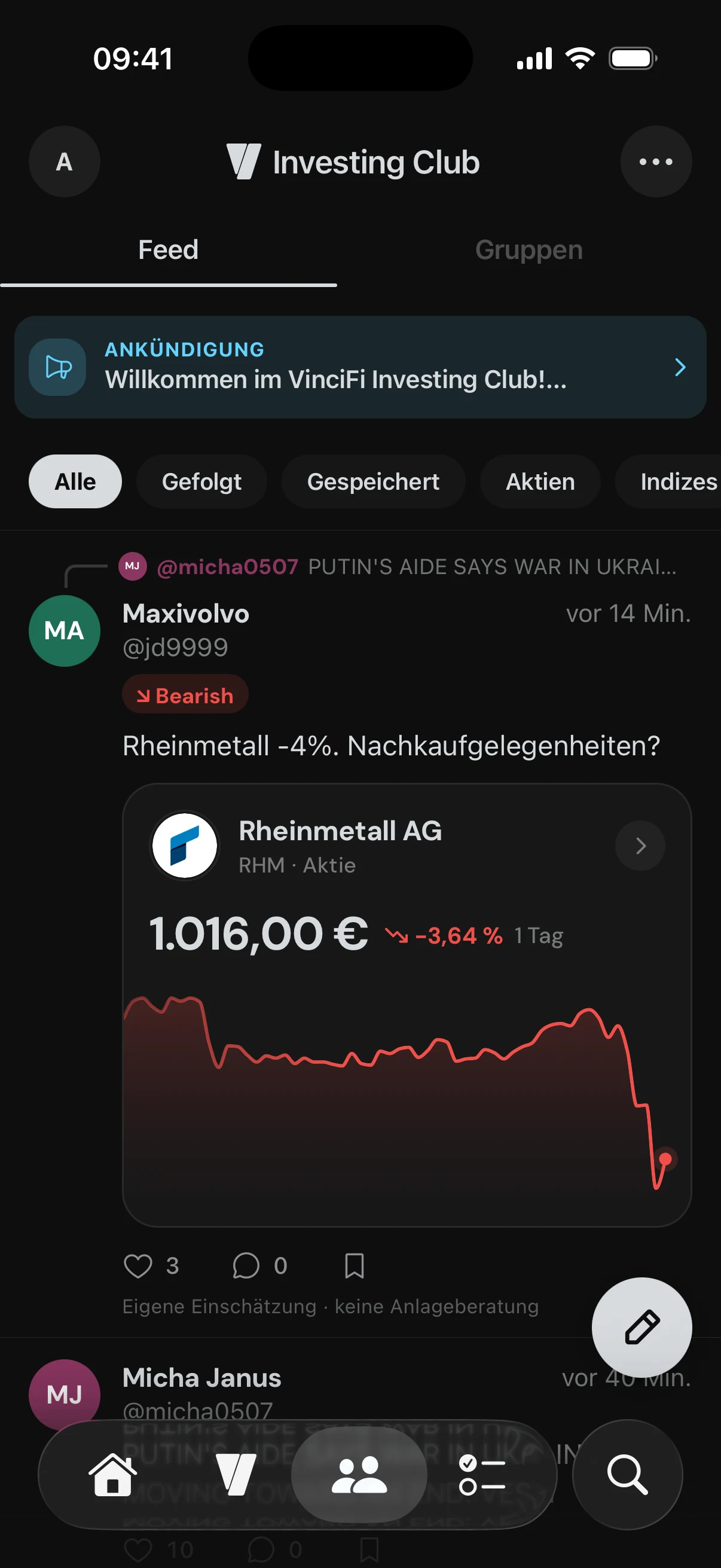 Der Feed des Investing Club mit einem Beitrag, der eine Aktie mit Live-Kurs und Chart mitbringt