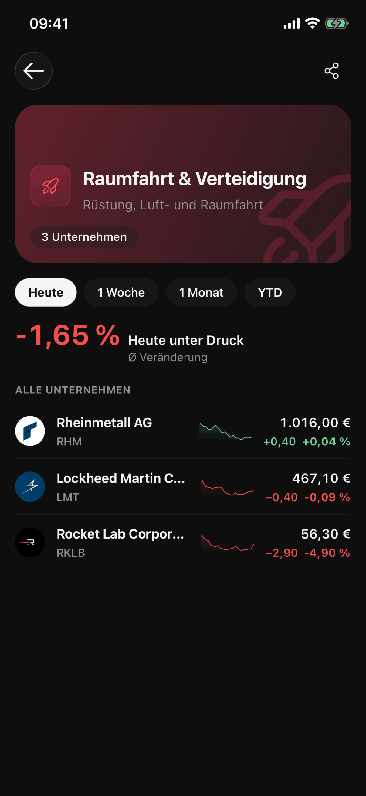 Das Thema „Raumfahrt & Verteidigung“ in der VinciFi-App, mit seiner These und den zugehörigen Unternehmen
