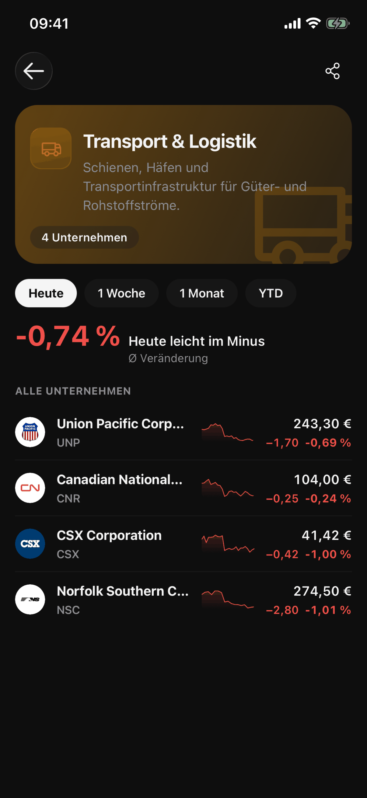Das Thema „Transport & Logistik“ in der VinciFi-App, mit seiner These und den zugehörigen Unternehmen