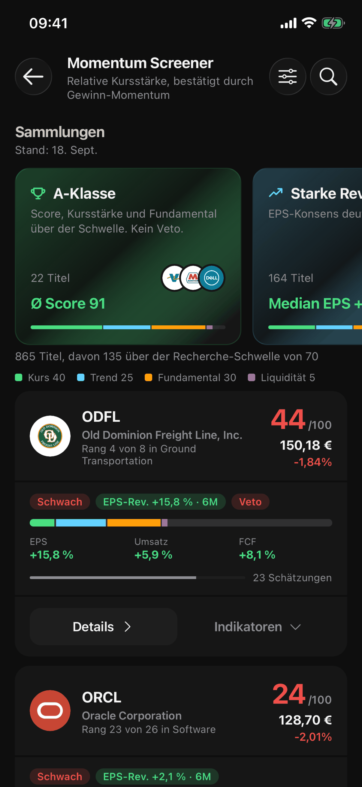 Der Momentum Screener mit Sammlungen und der Faktor-Gewichtung