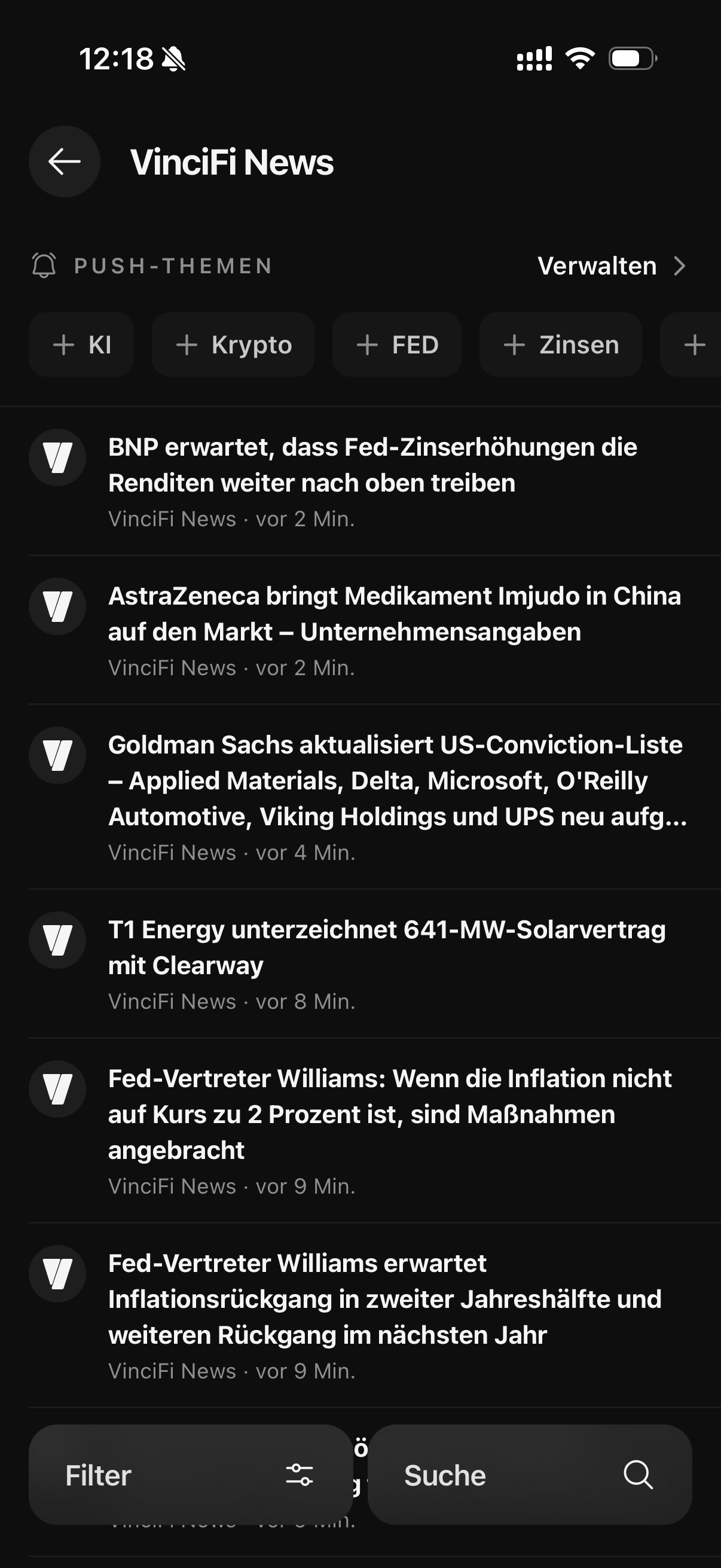 Der VinciFi News-Hub mit allen Quellen