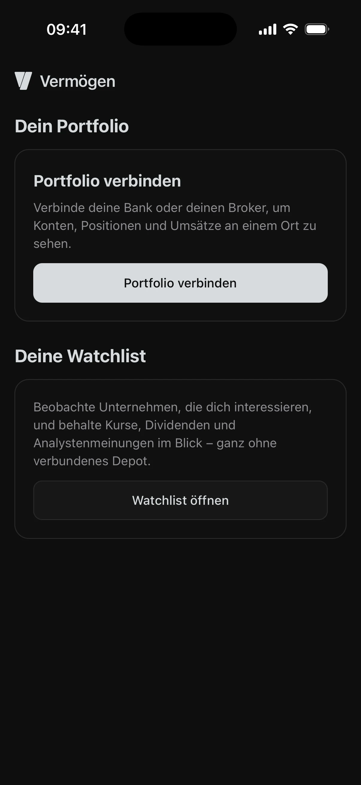Der Vermögen-Tab ohne verbundenes Depot: „Portfolio verbinden“ über der Watchlist